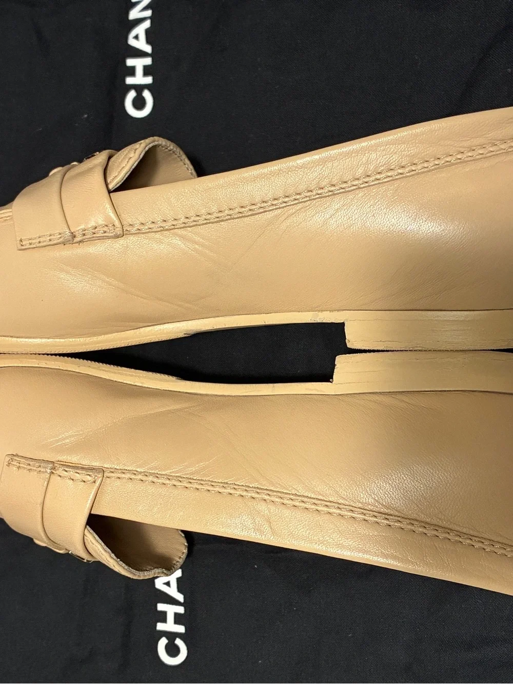 CHANEL Tan Leather CC Logo Penny Loafers